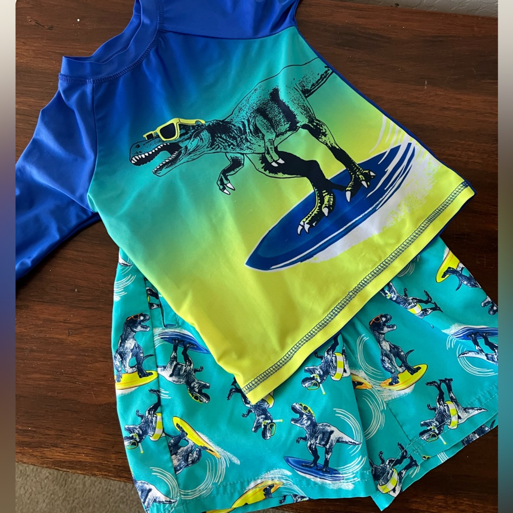 Boys T-Rex Dinosaur Swim Set Trunks and Rash Guard